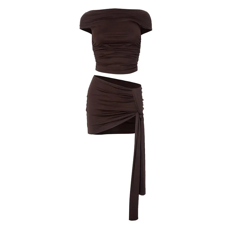 New Arrivals 2PCS Set Women's Sleeveless Round Neck Crop Top Strap Half Skirt Solid Color Suit Casual One-shoulder Halter Top Set Girls Summer Beach Bar Evening Party Night Clubwear Sexy Outfit