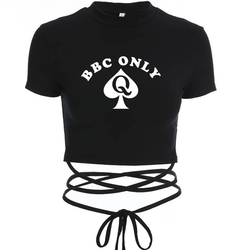 NEW Arrivals Queen of Spade BBC ONLY Summer Women Black Short T-Shirts Ladies Sexy Crop Tops Short Sleeve Bandage Tee Tops Female Shirts