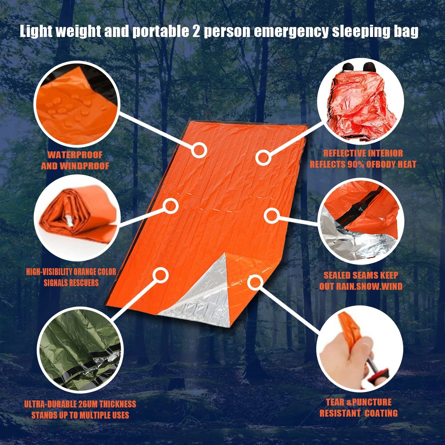 NEW Arrivals Portable Waterproof Emergency Survival Sleeping Bag Outdoor EDC Camping Gear Thermal Sack First Aid Rescue Kit Mylar Blanket Outdoor Travel Camping Supplies