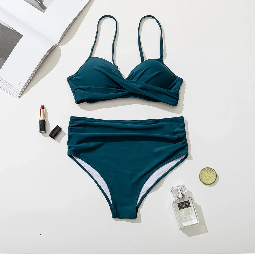 New High Waist Bikini Women's Sexy Swimsuit Halter Bikini Set Solid String Bathing Suit Push Up Swimwear Bodysuit