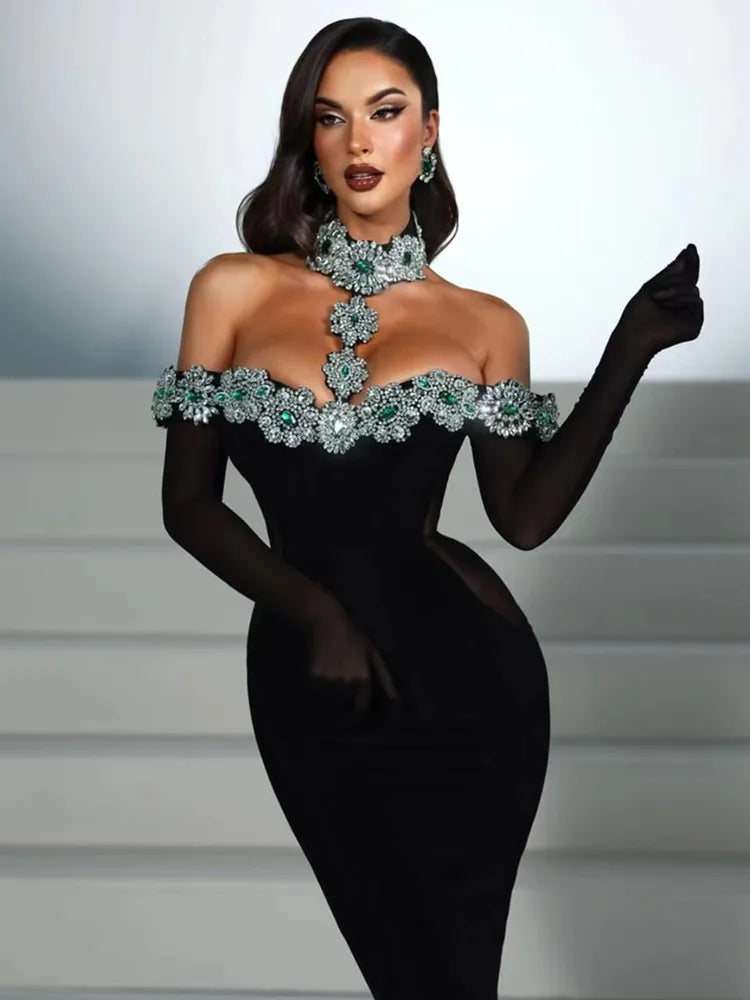 NEW Summer Bandage Luxury Dress Women Celebrity Sexy Diamonds Crystal Black Maxi Long Bodycon Elegant Evening Club Party Red Carpet Dress Ladies Luxury Fashion Clothing Supplies