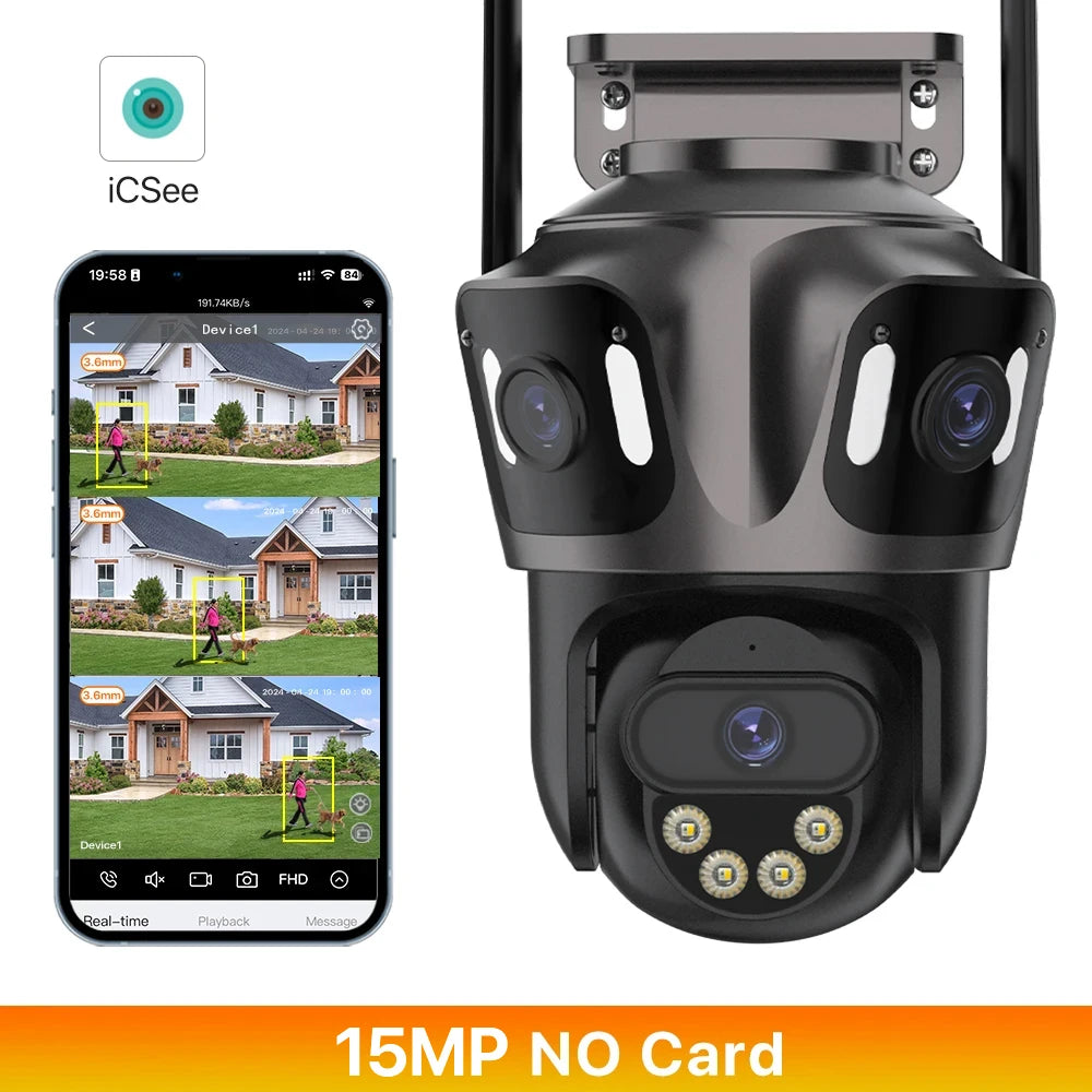 NEW 15MP HD 3 Screen WI-FI IP 2 Ways Voice Intercom Camera Outdoor 4K Dual Lens Camera Ai Human Detection Waterproof CCTV Video Security Camera Home Office Factory Security Systems
