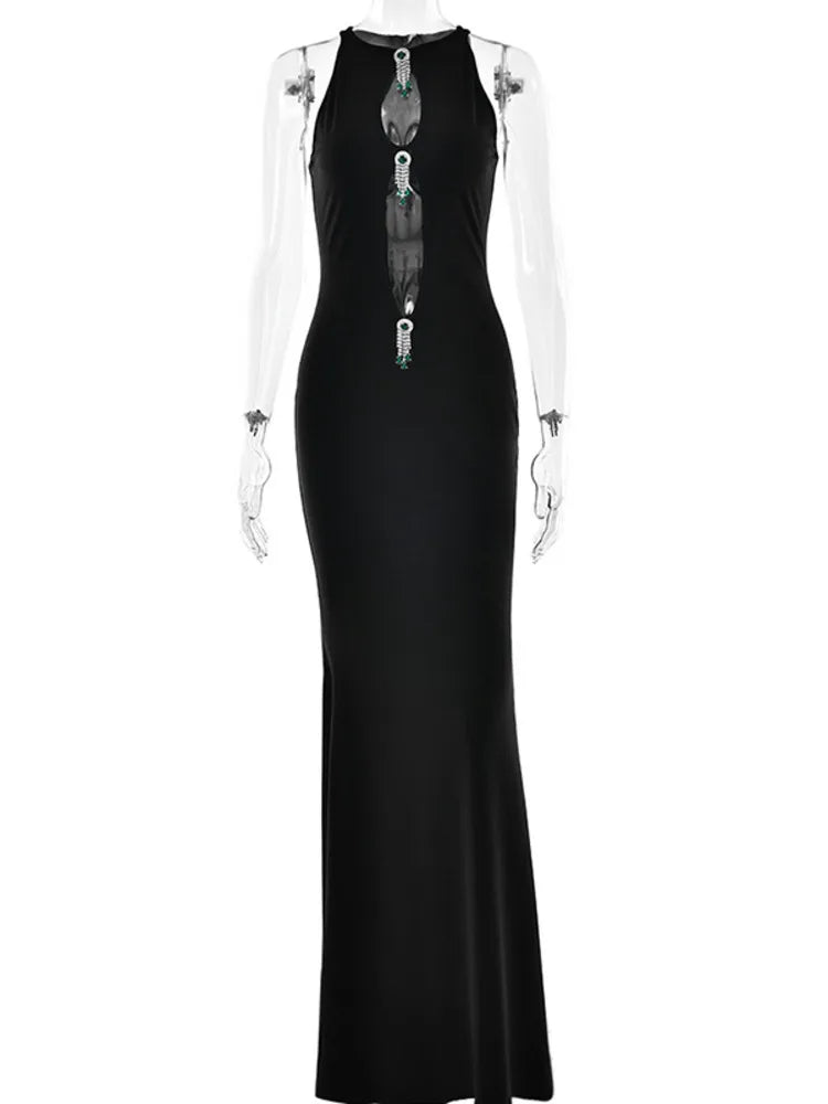 NEW Arrivals Sexy Black Hollow Out Pearl Tassel Sexy Maxi Dress For Women Black O Neck Sleeveless High Waist Bodycon Night Club Party Long Dress