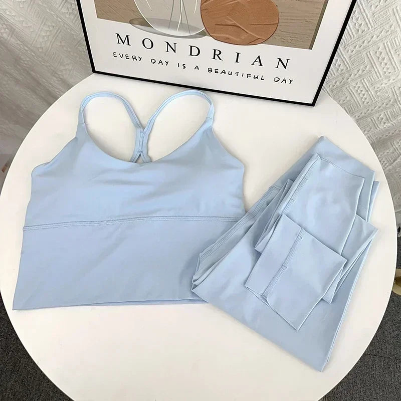 2 PCS Yoga Set 7 Colors Sportswear Fitness Suits Sexy Cross Back Yoga Tops Elasticity High Waist Leggings Running Sports Clothing👚👍️