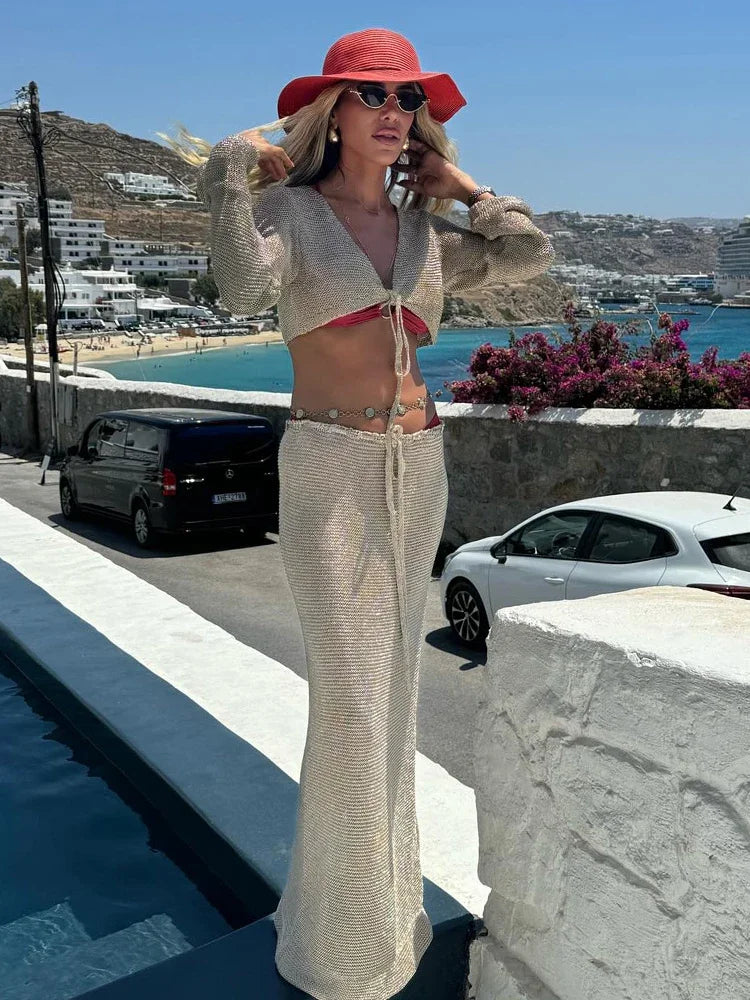 NEW 2PCS Set White/Khaki Solid Color UK Size Sexy Beachwear Swimsuit Cover Up Knit Summer Women's Big Bell Sleeve Lace-Up Top Long Skirt Set K128