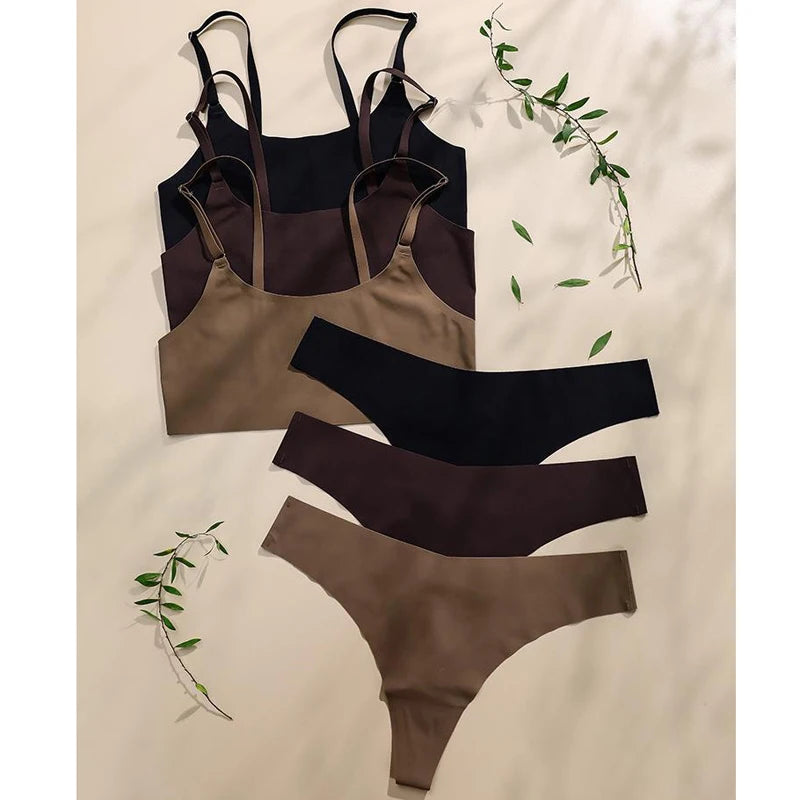 NEW 5 Colors S-XL Size Women Seamless Bra Set Sexy Push Up Lingerie Ladies Ice Silk Underwear Set Ultra Thin Fitted Brassiere And Thong Suit