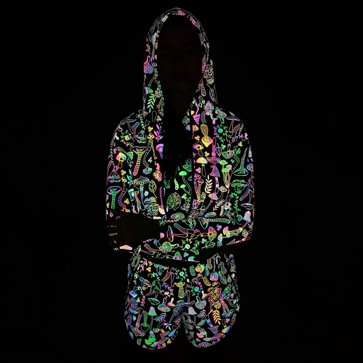 NEW Arrivals Spring Autumn Women Colorful Reflective Pullover Hoodies Y2K Harajuku Mushroom Printed Long Sleeve Crop Tops Night Clubwear Rave Party Costume