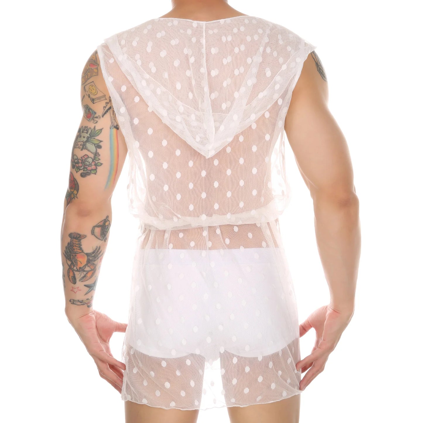 CLEVER-MENMODE Men Robes Mesh Lace See Through Homewear Sexy Nightwear Nightgown Hooded Long Transparent Leisure Bathrobes