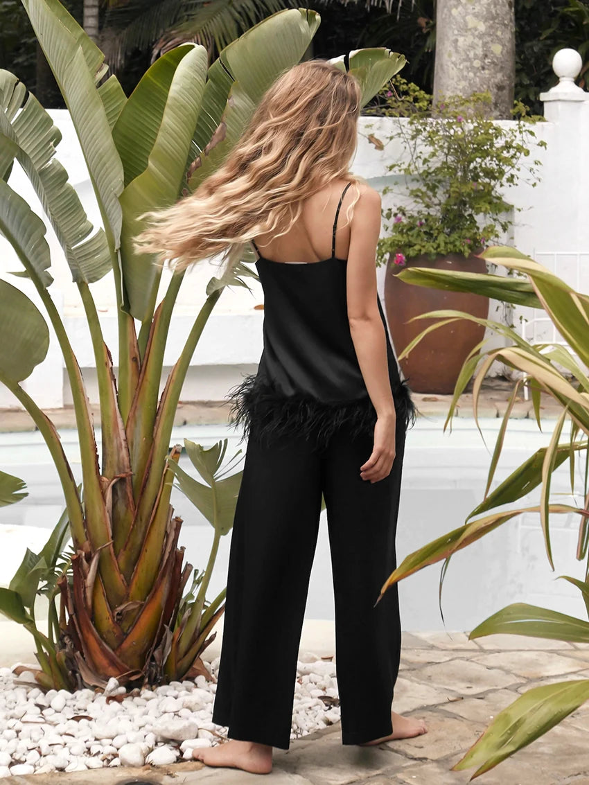 NEW Arrivals Black/White Color Satin Luxury Pajamas With Feathers Sleepwear Women Sets With Pants Black Spaghetti Strap Home Suit White Trouser Suits