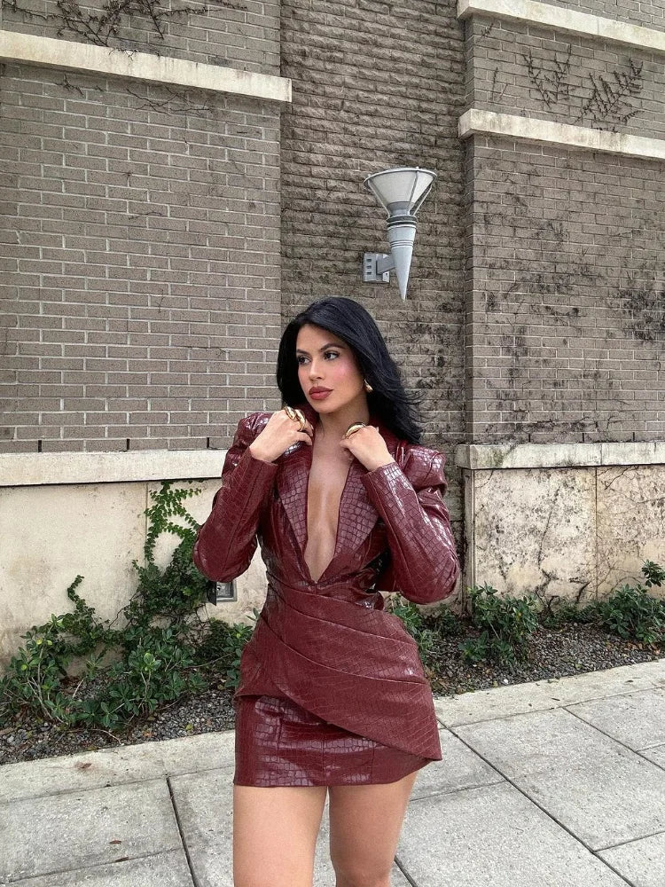 NEW Arrivals Women Sexy Deep V Red Lattice Leather Maxi Dress Fashion Long Sleeve High Waist Fold Slim Dresses Lady New Highstreet Evening Party Nightclub Dress Ladies Luxury Fashion Clothing Supplies