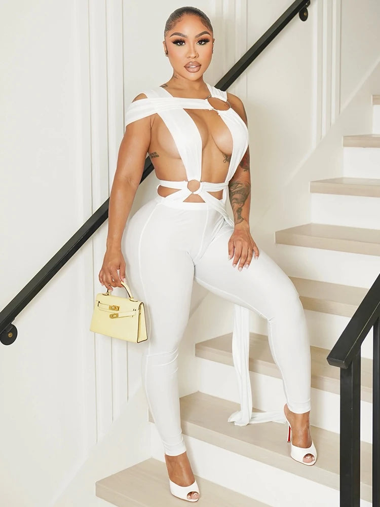 NEW Arrivals White/Black/Red Color Sexy Hot Hollow Bandage Jumpsuit Women Sexy Summer Sleeveless Backless Irregular Ribbon Midnight Clubwear Workout Overalls