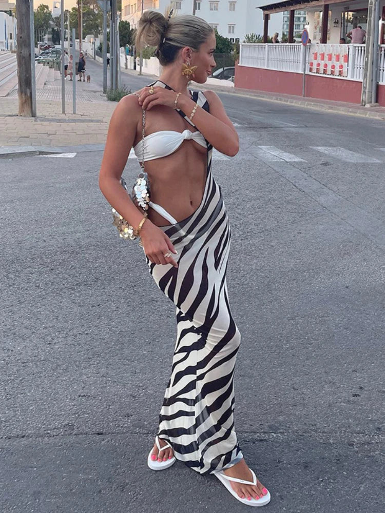 Bodycon Long Dresses For Women Beach Style Backless Vestidos De Mujer Hollow Out Sexy Robe Femme Été Y2k Clothes Zebra Print