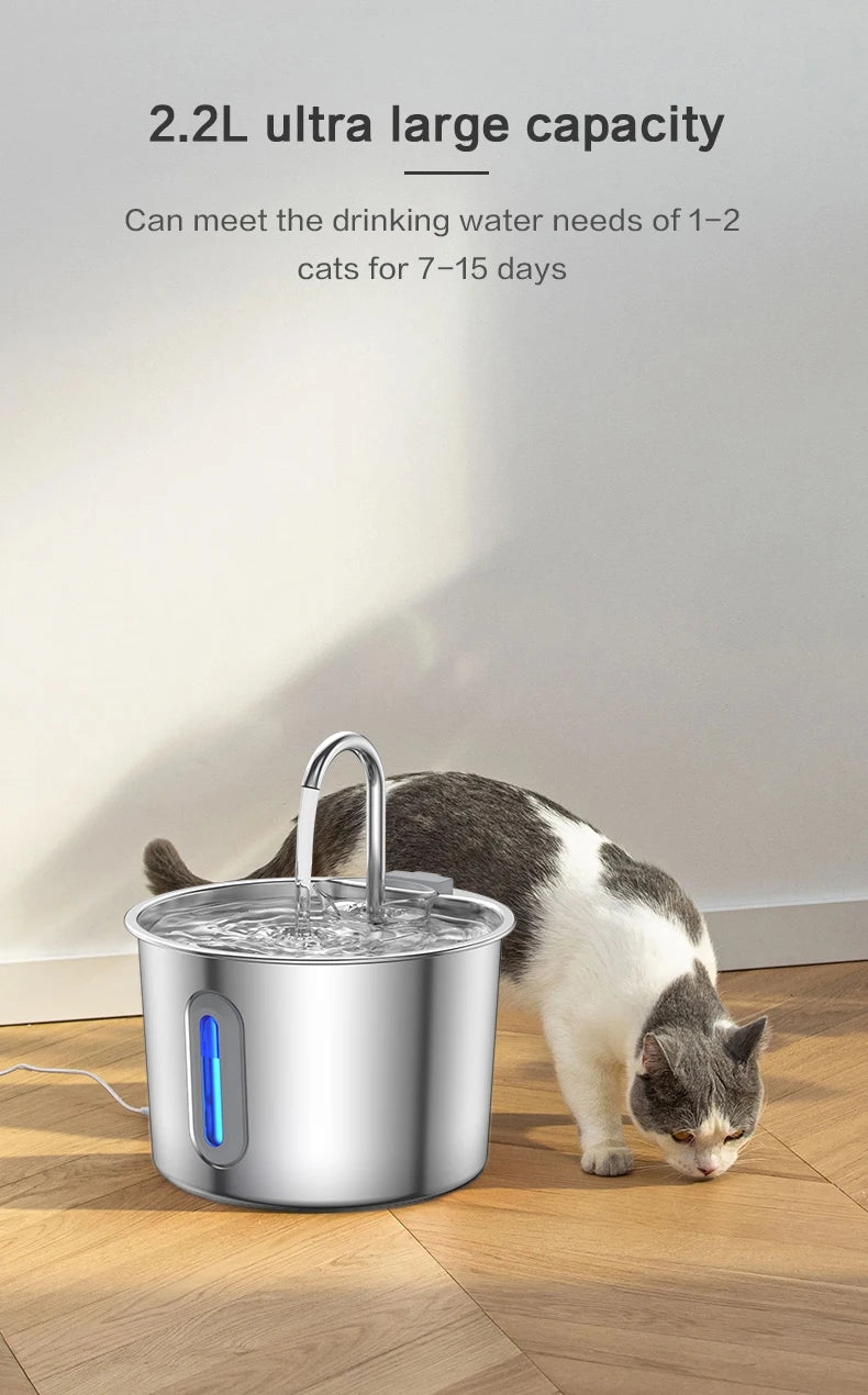 NEW Arrivals 2.2L Top Quality Stainless Steel Cat Water Fountain 2.2L/75 OZ Pet Automatic Water Dispenser for Dog Cat Drinking Pet supplies Filter System