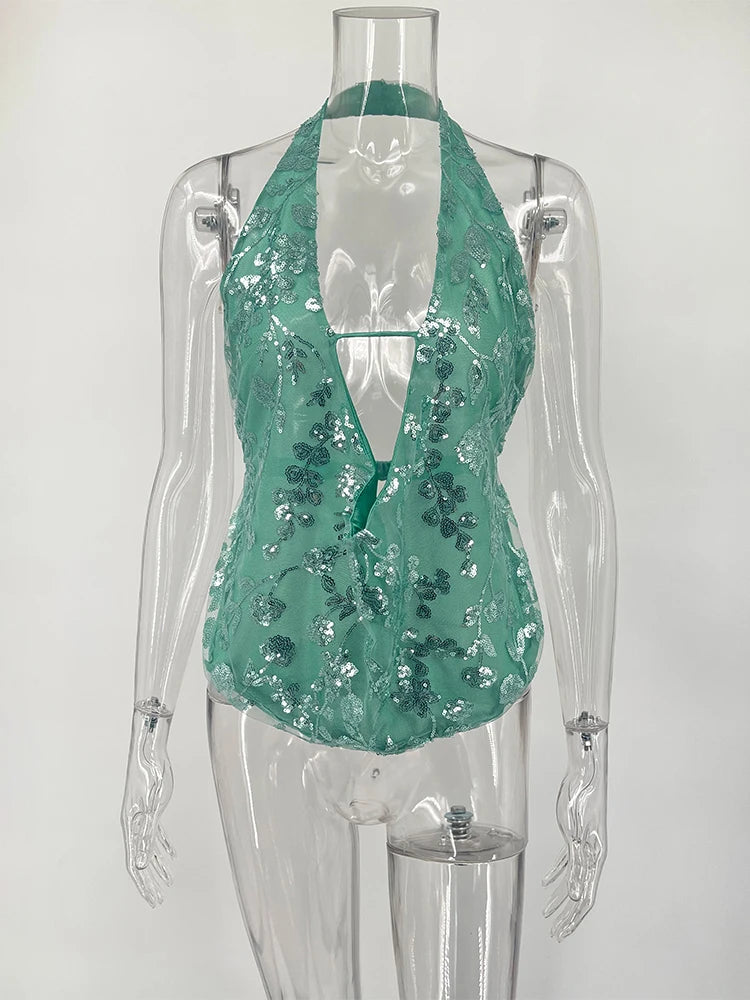 NEW Arrivals UK Size Green/Brown Sexy Deep V Neck Beach Tank Top Hot Girls Summer Sequins Patchwork Sleeveless Vest Women Evening Beach Party Night Club Sexy Backless Top