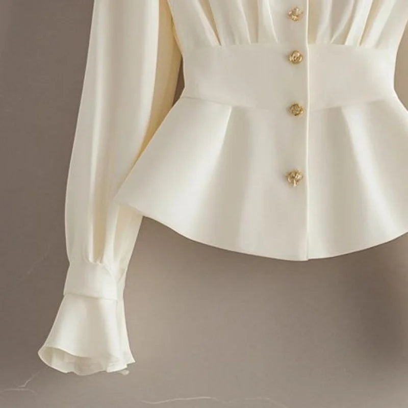 NEW Arrivals S-XL UK Size Luxury French Elegant White Chiffon Blouse Women Pleated Spliced Slim Shirt Design Button Flare Sleeve Top Spring Autumn 050A