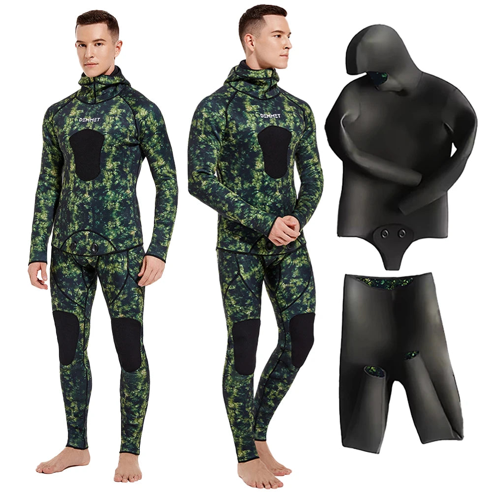 NEW S-3XL Plus Size 3mm/5mm Professional 2PCS Set Spearfishing Wetsuit Camouflage Open Cell Neoprene Free Diving Suit Full Suit Men Hooded Snorkeling Suits Sports Kayak Swimming Diving Sets
