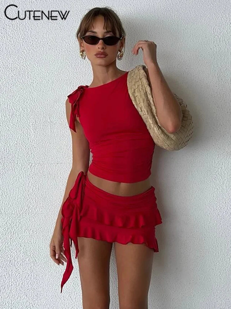 New Women's Halter Lace-up Two Pieces Sets Spaghetti Strap Camisole Hip Slim Mini Skirt New Streetwear Female Dress Suit Hot