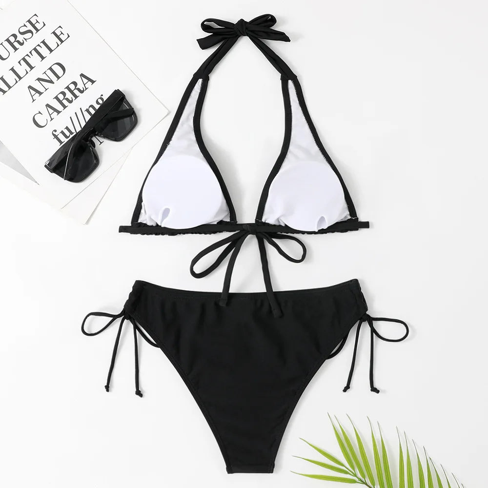 Sexy Halter Bikini Swimsuit Low Waisted Black/Red/Rose Beach Bathing Suit Cheap Bandage Brazilian Swimwear Two Pieces Sale