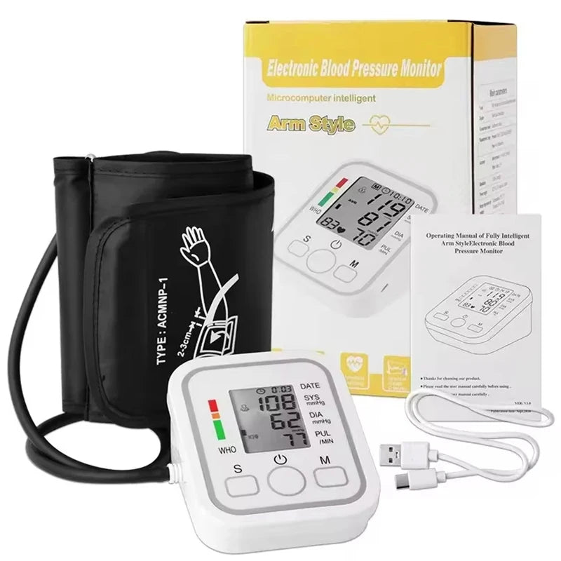 NEW 3PCS Set LCD Portable Health Care Pulse Meter BP Monitor Automatic Digital Arm Blood Pressure Monitor Tonometer Meter Sphygmomanometer Health Care Supplies