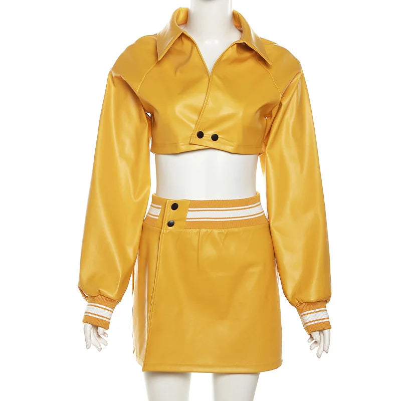 Autumn Women's New Fashion Casual Solid Color Faux Leather Short Top High Waist Wrap Hip Short Skirt Set