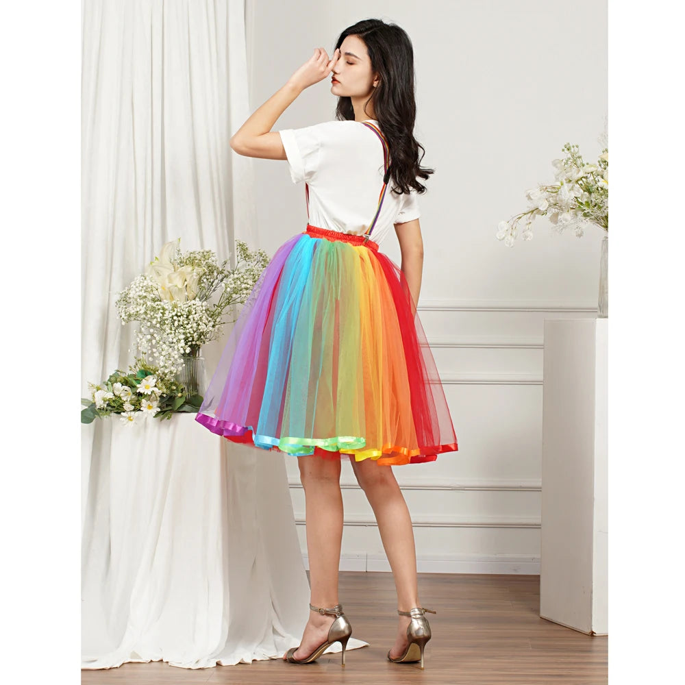 Colorful Women Rainbow Short Skirt High Elastic Band 5 Layers Soft Tulle Tutu Crinoline Underskirt Girls Prom Party Ball Gown