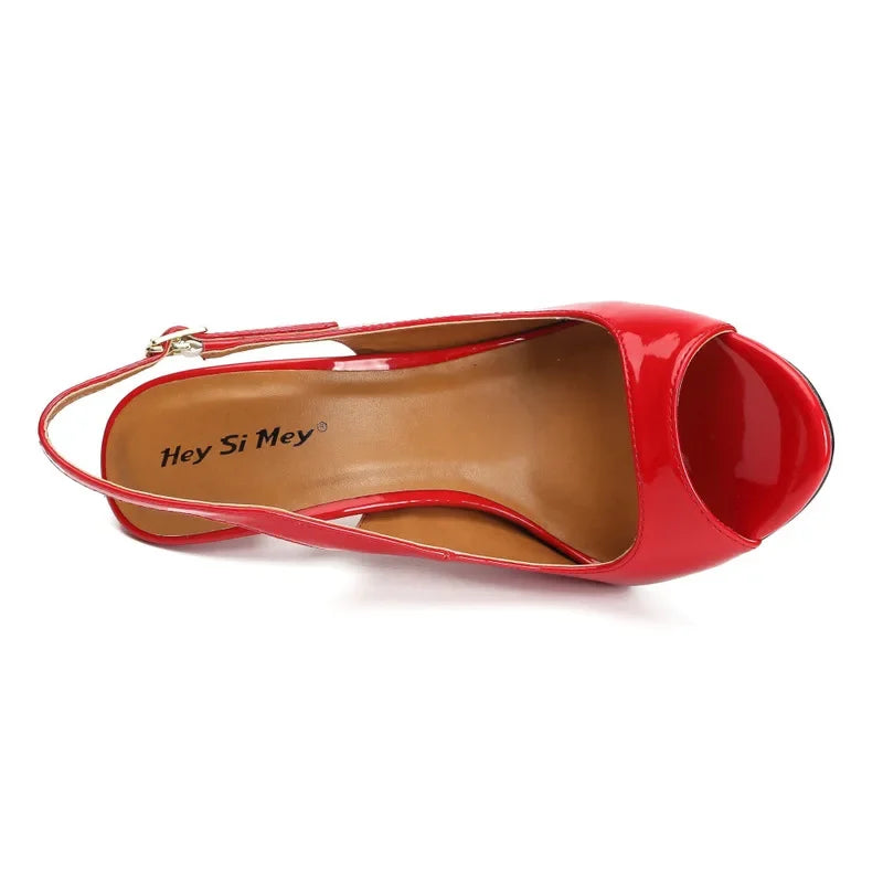 NEW Arrivals Red/Black Women Luxury Sandals Patent Leather Buckle Strap 13CM Thin High Heels Peep Toe Evening Party Night Club Wedding Birthday Shoes Female Ladies Luxury Fashion Apparel Accessories Clothing Supplies