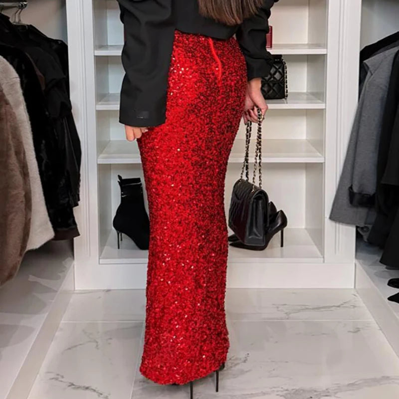 NEW Luxury Fashion Elastic High-Waisted Sequin Sexy Skirt Women Sexy Slim Fit Bodycon Long Skirt New Spring Autumn Evening Wedding Party Business Dinner Straight Skirts Girls Ladies Luxury Fashion Clothing Supplies
