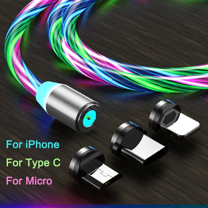 NEW Arrivals 3in1 Set Magnetic Flow Luminous Lighting Charging Mobile Phone Cables Cord Charger Wire for Xiaomi LED Micro USB C for iPhone Samsung Mobile Phones Accessories