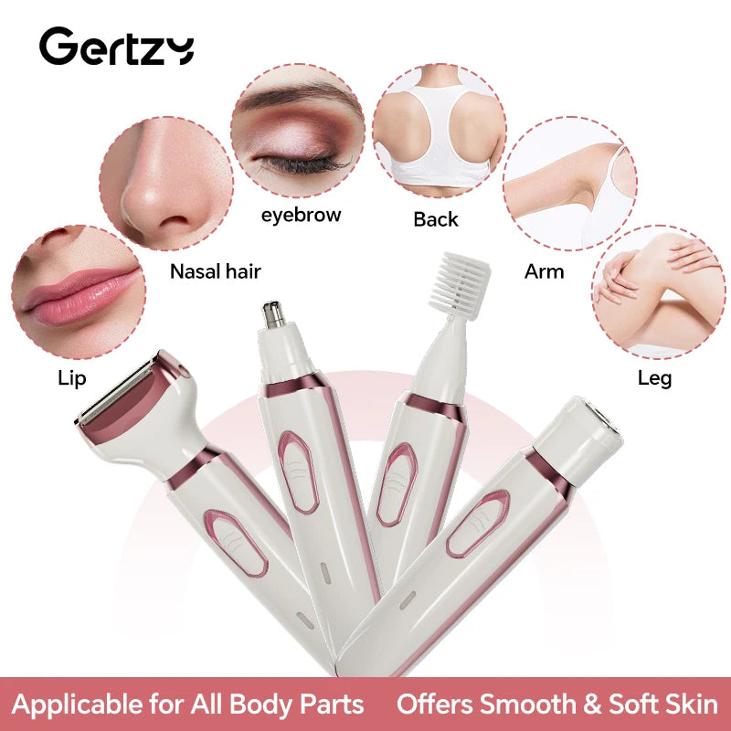 NEW 4-in-1 Set Rechargeable Electric Razor for Women - Face, Nose, Legs, Underarm, Bikini Trimmer - Wet & Dry, Painless Grooming Kit