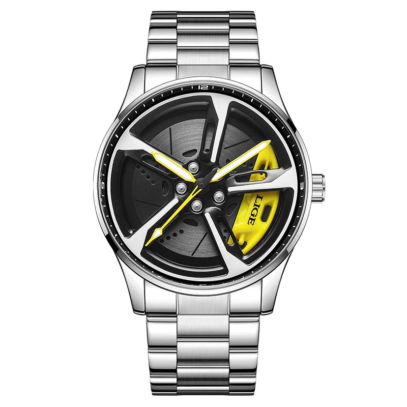 New 30Km Waterproof 6 Colors Sports 3D Xiaomi Car Wheel Watch Fashionable Rotating Dial Stainless Steel Strap Waterproof Quartz Watches Reloj Hombre Sports Supplies