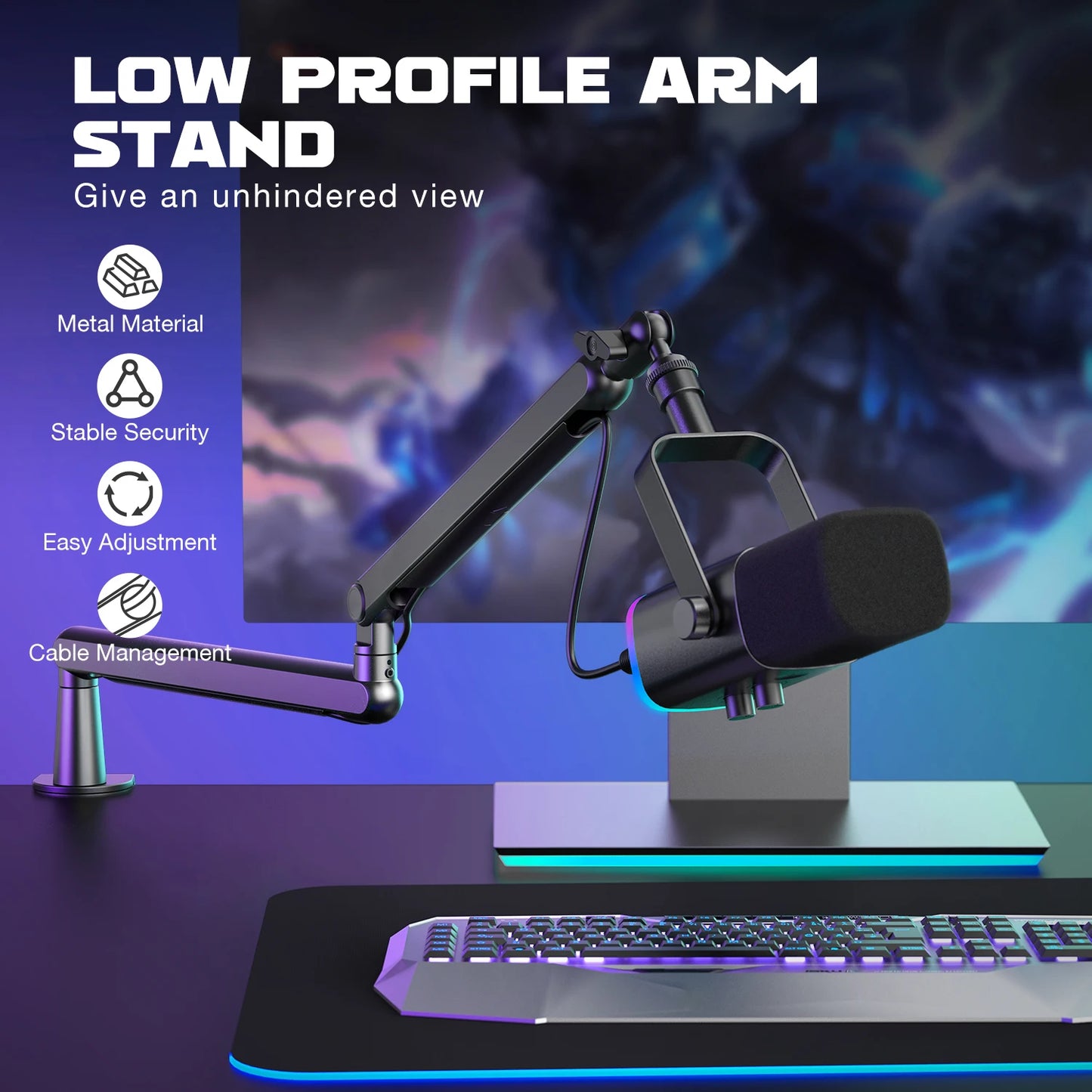 Adjustable Low-profile Arm Microphone Stand with Cable Management/Desk Mount, Suspension Boom for K688 Ampligame AM8-BM88