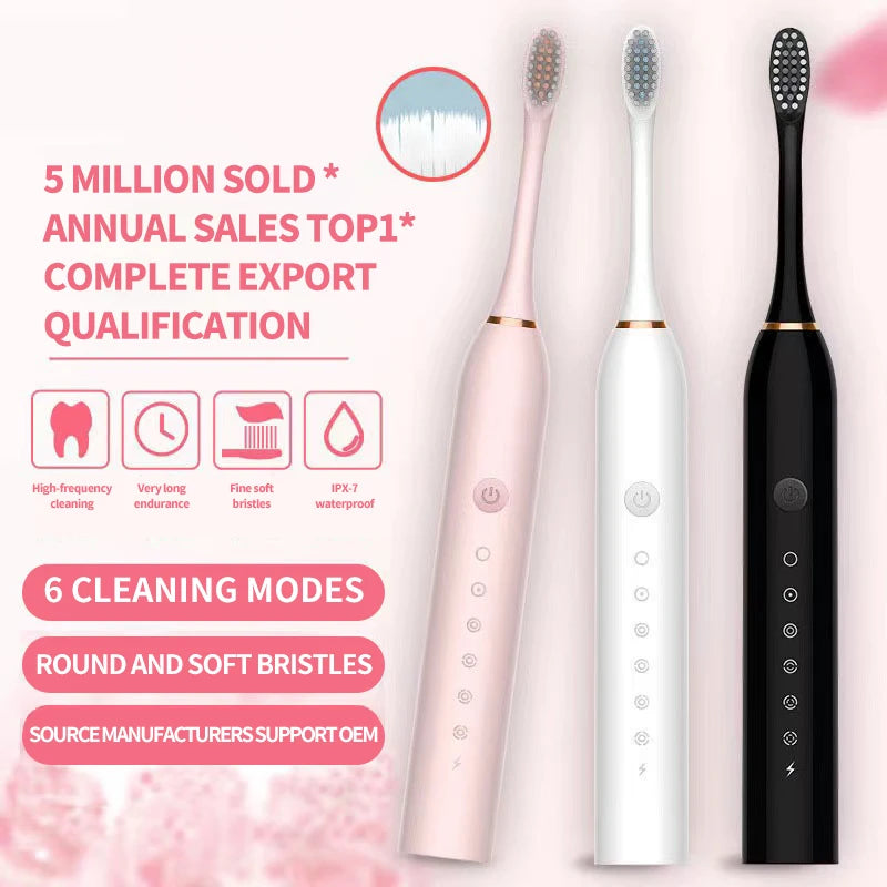 NEW Arrivals 2 Heads 3 Brushes Set Sonic Electric Toothbrush for Adults IPX7 Waterproof DuPont Brush Head USB Rechargeable High Frequency Cleaning 6 Cleaning Modes