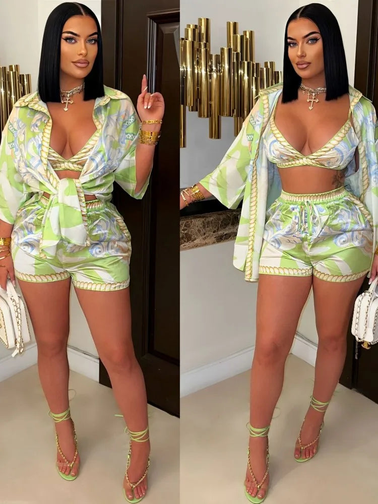NEW Arrivals 3PCS Set S-2XL UK Size Sexy Spring Summer Luxury Fashion Women Set Female Stripe 3/4 Sleeve Shirt Tops And Shorts Suit Matching Outfit Evening Beach Party Night Club Ladies Suit