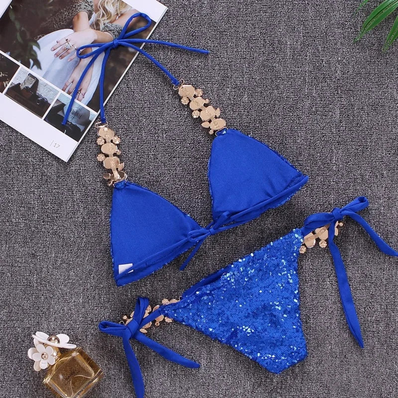 NEW Arrivals Shiny Sexy Bikinis Pink/Blue Color Swimsuit With Rhinestones Women Luxury Swimwear Female Push Up Bikini Beach Swim Wear Bathing Suits Swimming Pool Luxury Bikini