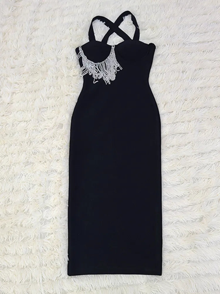 Women Summer Sexy Key Hole Diamonds Tassel Crystal Midi Black Bodycon Bandage Dress Elegant Evening Party Dress Vestido