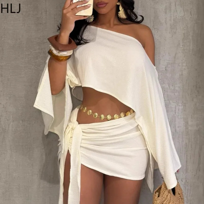 NEW 2PCS Set S-2XL 4 Colors Elegant Off Shoulder Sexy Outfits Woman Summer One Shoulder Flared Sleeve Loose Crop Top and Skirt Suit Streetwear Summer Beach Bar Nightclub Suit