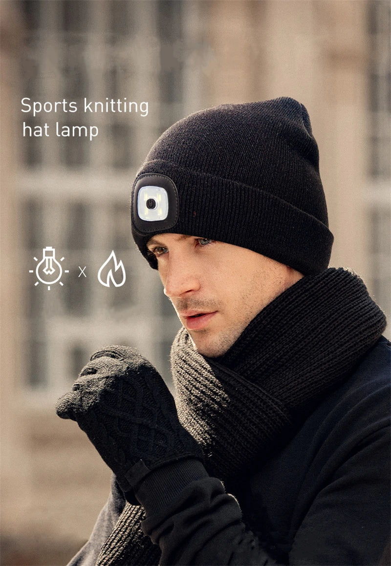 LED Beanie Hat with Light Unisex Warm Winter Hat with Lights LED Headlamp Cap Winter Knitted Night Lighted Hat Flashlight