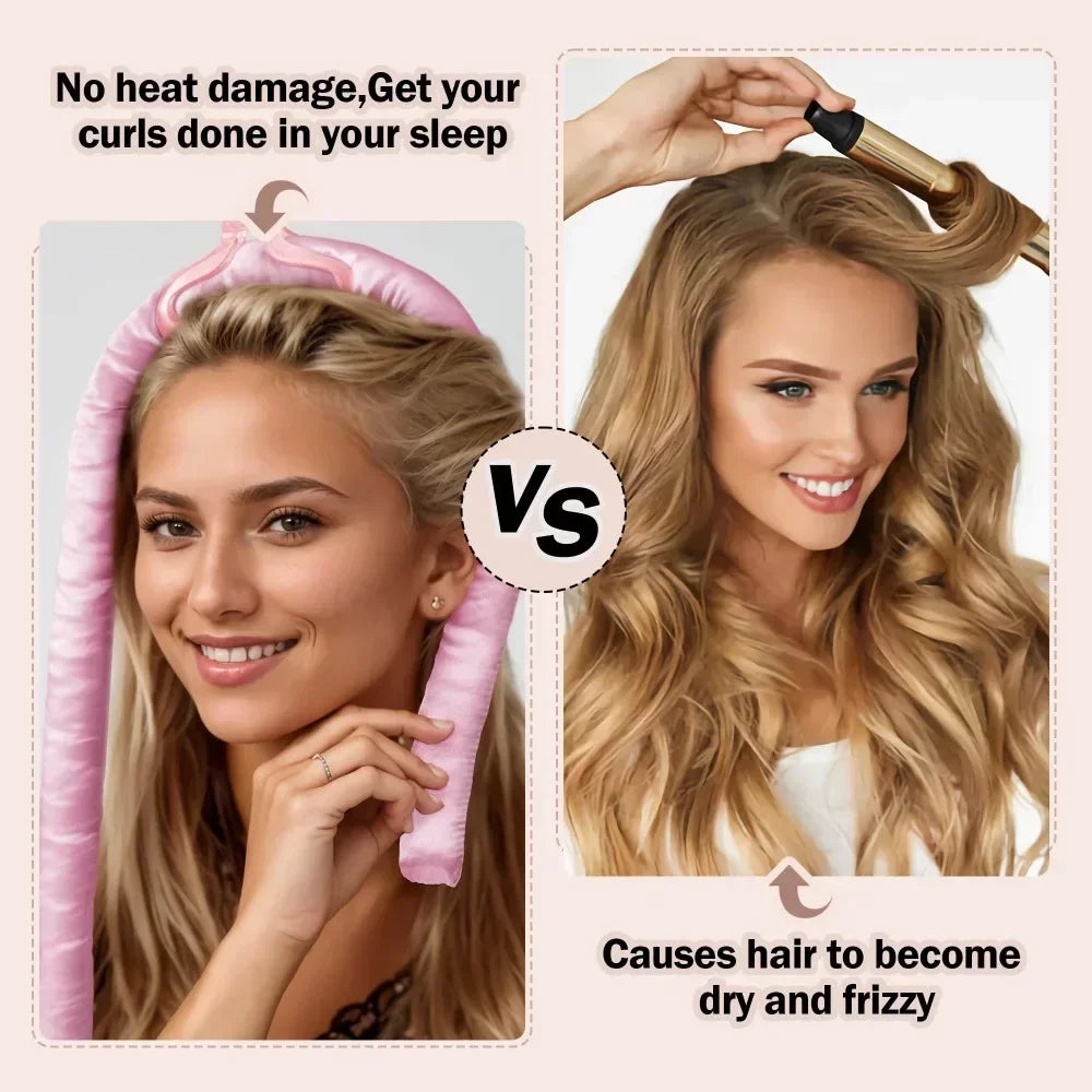 NEW Arrivals 2PCS Set Wine Red/Pink/Black Heatless Curling Rod Set Satin Nightcap for Women No Heat Hair Rollers Sleeping Soft Headband Styling Tool Lazy Curls Ladies Hair Care Accessories