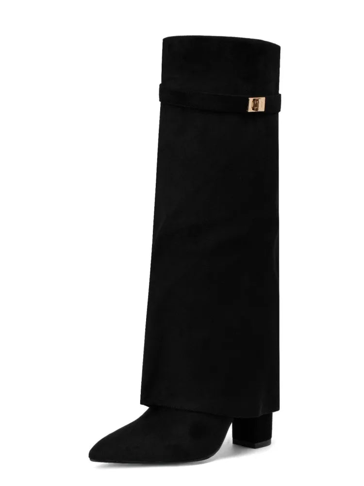 NEW Arrivals UK Big Size 6 Colors Autumn and Winter New Pointed Metal Buckle Knee High Women's Boots, Thick High-Heeled Pants Boots, Fashionable Mid Leg Boots