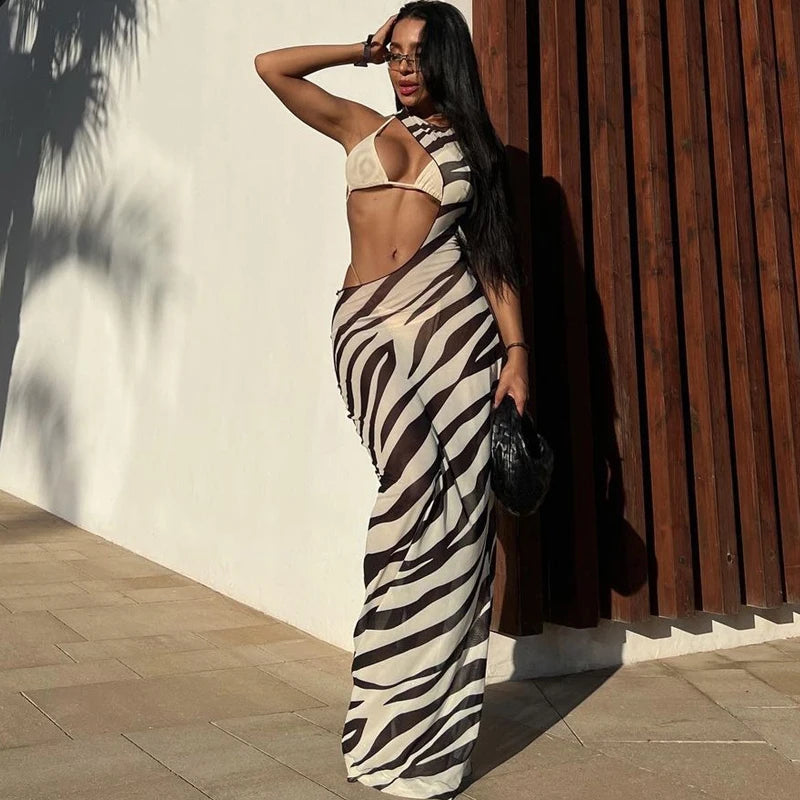 Zebra Long Beach Dress Cover-Ups Sexy Transparent Mesh Maxi Dress Cut Out Bodycon Summer Holiday Vacation Dress Women