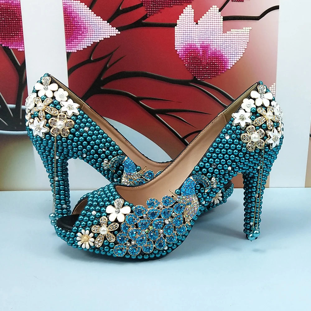 Low-Price Sales are Limited NEW Teal Luxury Blue Pearl Wedding Shoes Set with Matching Bags Bride High Heels Platform Shoes Open Toe Green Blue Evening Party Night Business Dinner Shoes Ladies Luxury Fashion Clothing Supplies