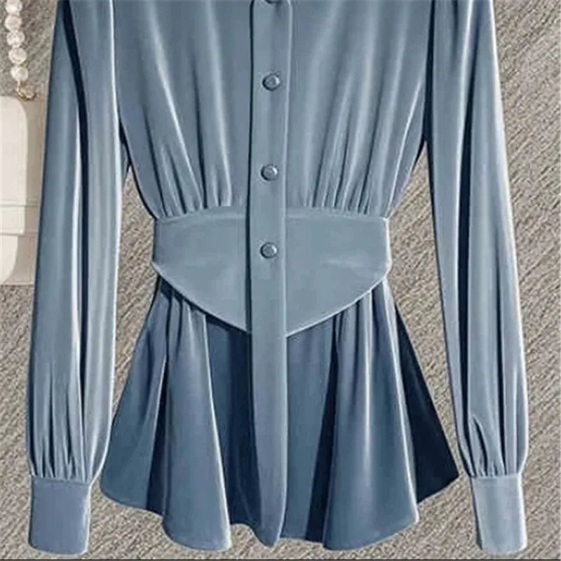 NEW Arrivals M-3XL UK Plus Size Blue/Brown French Light Luxury Blue Velvet Blouse Spring Autumn Winter Ruffle Collar Top Women Design Slim Waist Shirts Office Lady 571P