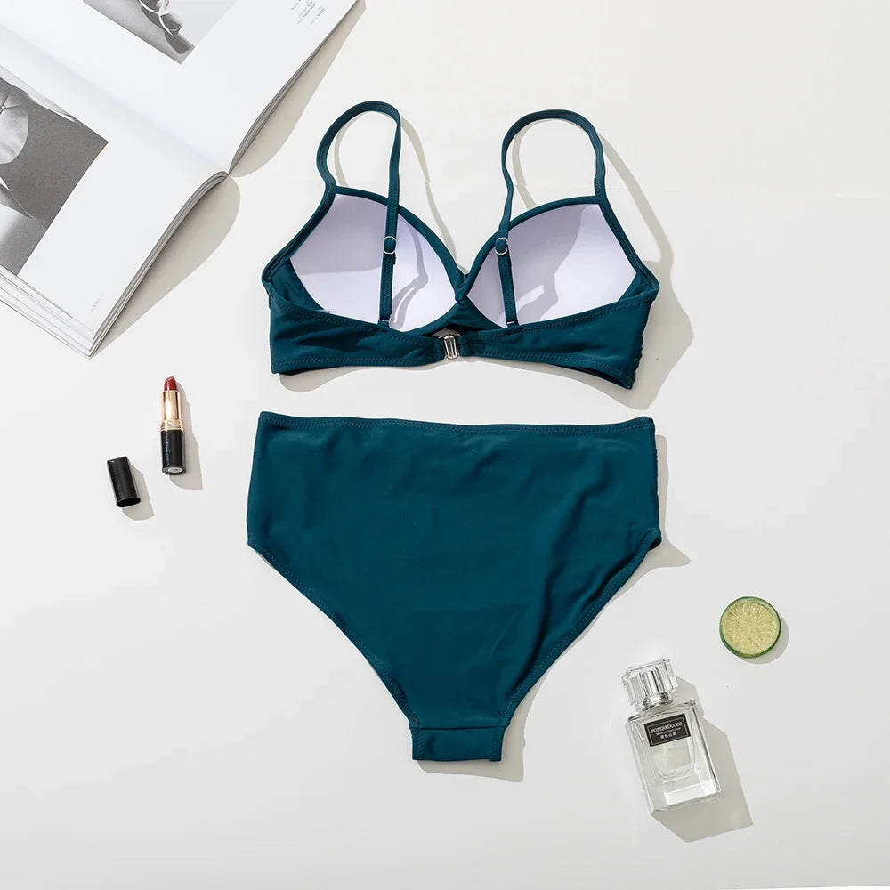 New High Waist Bikini Women's Sexy Swimsuit Halter Bikini Set Solid String Bathing Suit Push Up Swimwear Bodysuit