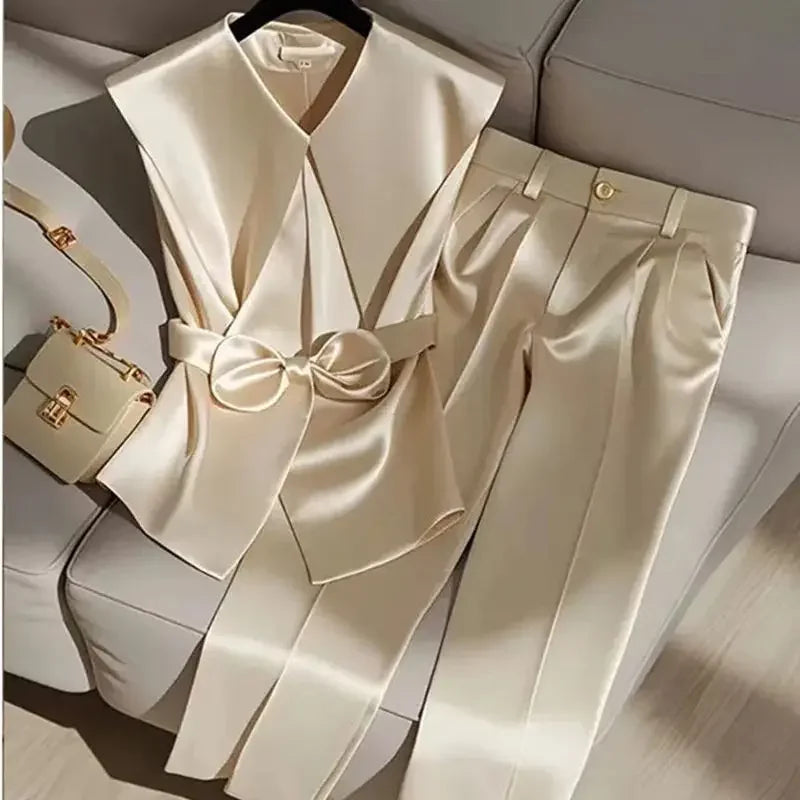 NEW 2PCS Set S-XL Italian Fashion Women Satin Celebrity Outfits Elegant OL Peter Pan Collar Bow Sleeveless Vest + High Waist Wide Leg Pants Ladies Business Trip Office Lady Formal Luxury Fashion Clothing Supplies