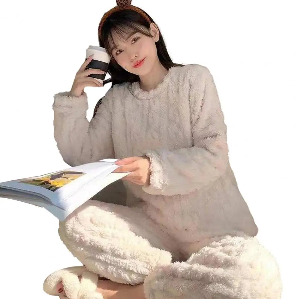 NEW Arrivals 2PCS Set Elastic Waist Winter Warm Pajamas Pants Top Pants Tops Set Cozy Coral Fleece Women Thickened Loungewear Girls Home Wear