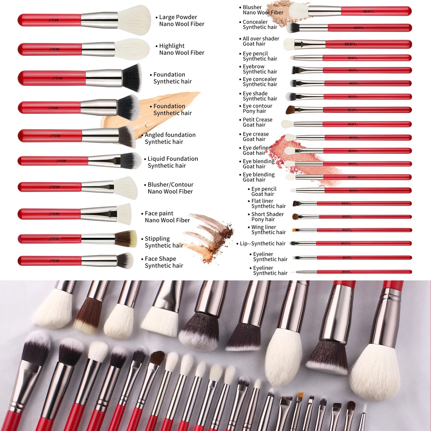 Red Natural Makeup Brushes Set 11-30pcs Foundation Blending Powder Blush Eyebrow Professional Eyeshadow brochas maquillaje