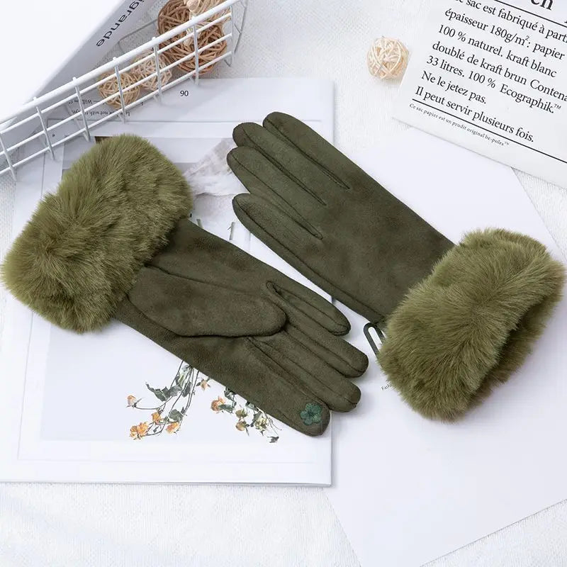 NEW Arrivals 18 Colors Women Faux Rabbit Fur Wrist Suede Leather Touch Screen Driving Glove Winter Warm Plush Thick Full Finger Cycling Black Mitten H92 Women Ladies Luxury Fashion Apparel Accessories