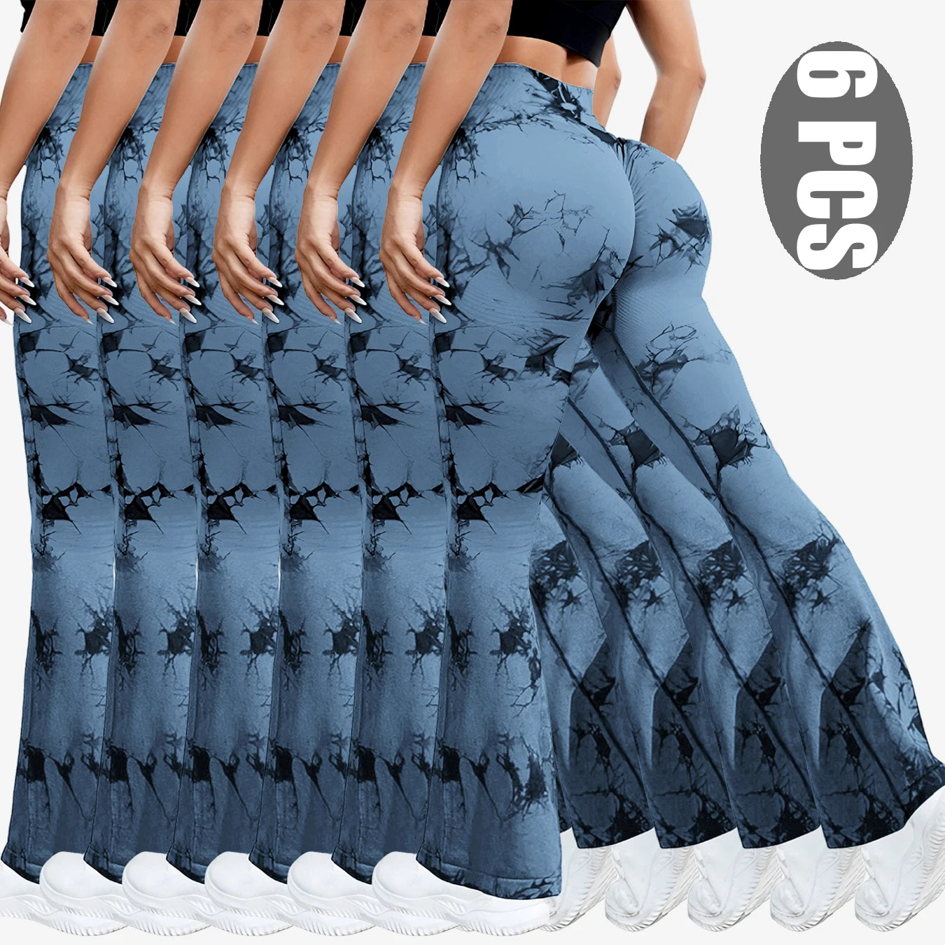 NEW Arrivals 6PCS Set Tie Dye Seamless Yoga Pants Flared Trousers High Waist Butt Lifting Sportswear Women Gym Training Fitness Sports Pants
