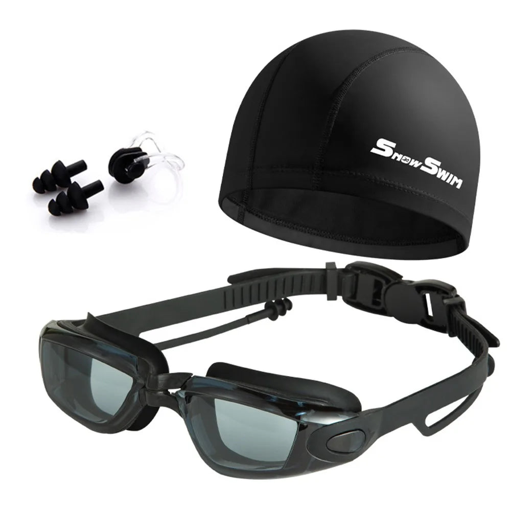 NEW 4 PCS Set Anti-Fog Adult Myopia/ Transparent/ Electroplated Professional Swimming Goggles Set with Nose Clip, and Ear Plugs Adjustable Silicone Swim Cap Waterproof Ultralight