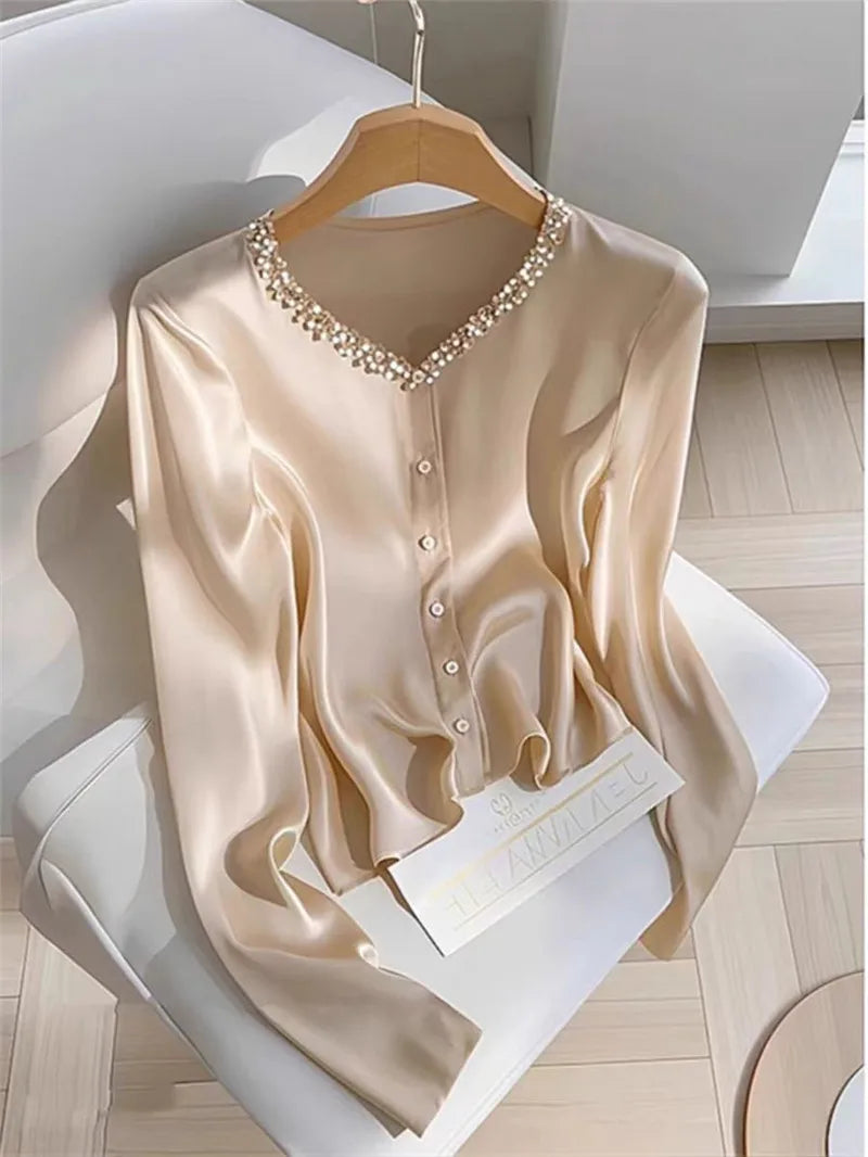 NEW Arrivals M-2XL UK Size Luxury French Acetate Blouse Spring Autumn V-Neck Sequined Shirt for Women Long Sleeve Champagne Female Top Light Luxury 513P